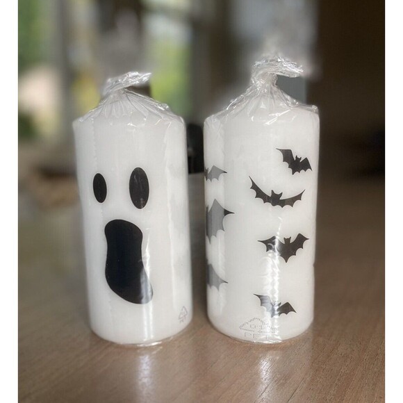 Ikea Halloween Candle Set of 2 New 1 @ Ghost & Bats 5.5x 2.75" Unscented Pillar - Picture 1 of 8